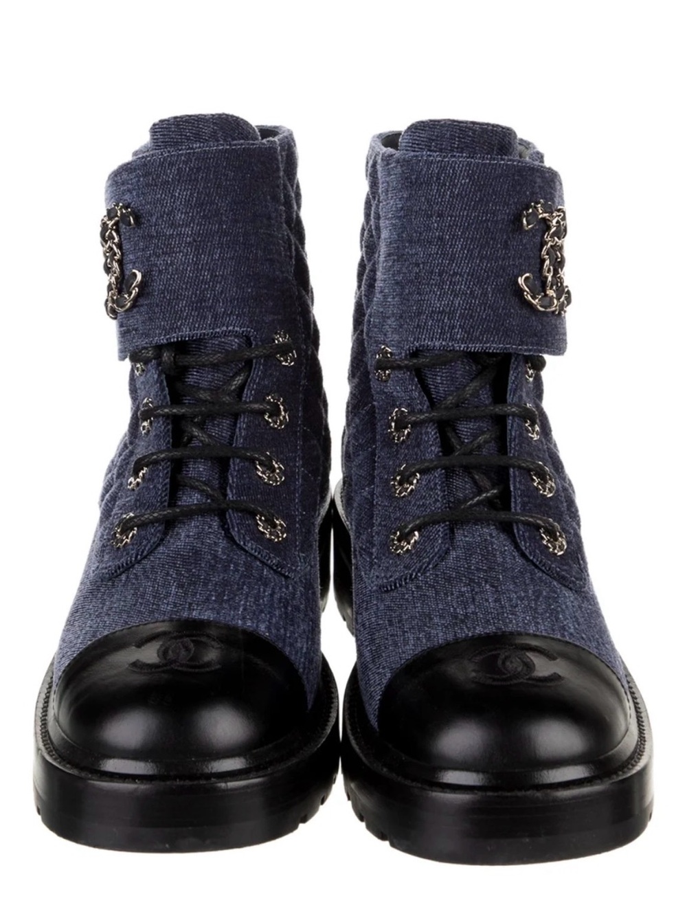 CHANEL Navy Quilted Lace-Up Ankle Boots with Black Cap Toe